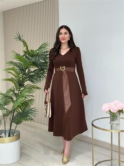 Kemerli Modal Kumaş V Yaka Elbise Kahve