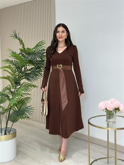 Kemerli Modal Kumaş V Yaka Elbise Kahve