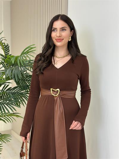 Kemerli Modal Kumaş V Yaka Elbise Kahve