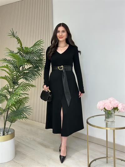 Kemerli Modal Kumaş V Yaka Elbise Siyah