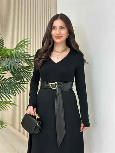 Kemerli Modal Kumaş V Yaka Elbise Siyah