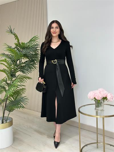 Kemerli Modal Kumaş V Yaka Elbise Siyah