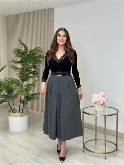 Poliviskon Kemerli Önden Pileli Midi Boy Etek Gri