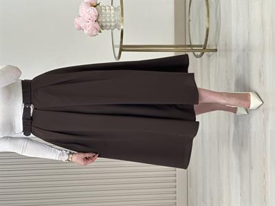 Poliviskon Kemerli Önden Pileli Midi Boy Etek Kahve