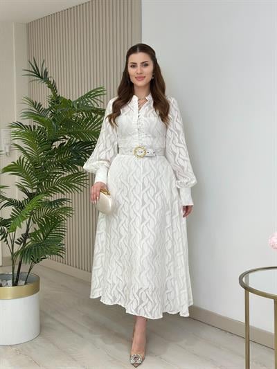 Kemerli Özel Tasarım Beyaz Elbise