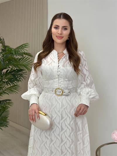 Kemerli Özel Tasarım Beyaz Elbise