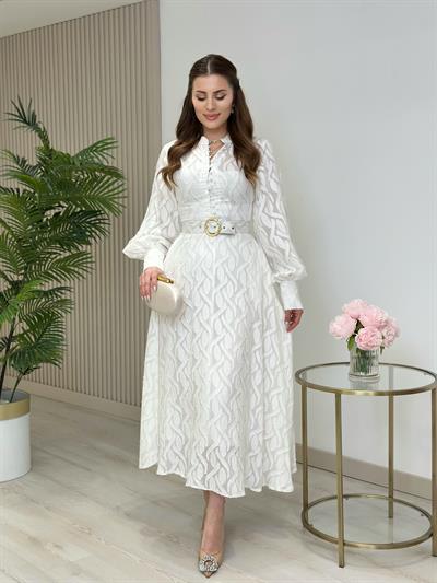 Kemerli Özel Tasarım Beyaz Elbise