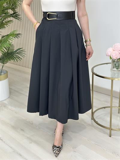 Kemerli Paraşüt Kumaş Pileli Midi Boy Etek Siyah