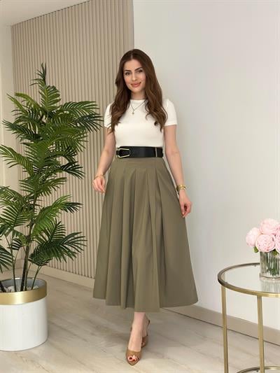 Kemerli Paraşüt Kumaş Pileli Midi Boy Etek Haki Yeşil