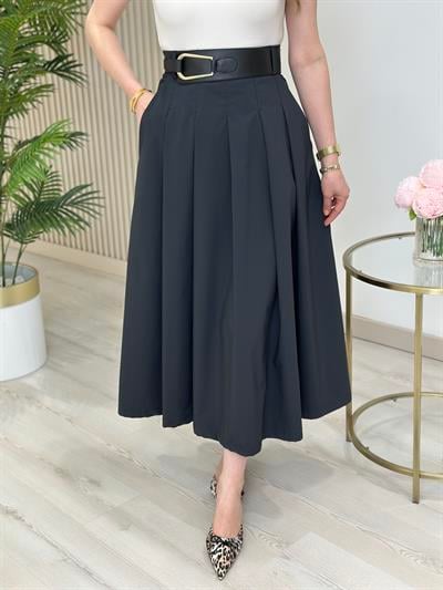 Kemerli Paraşüt Kumaş Pileli Midi Boy Etek Siyah