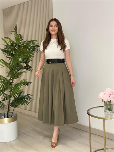Kemerli Paraşüt Kumaş Pileli Midi Boy Etek Haki Yeşil