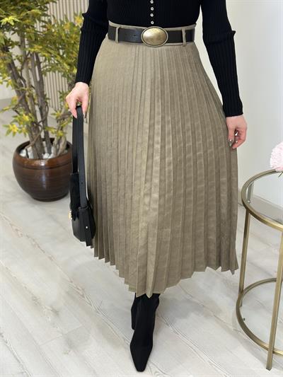 Kemerli Piliseli Süet Etek Haki