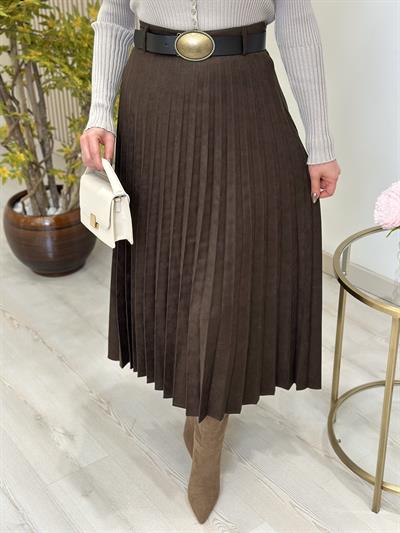 Kemerli Piliseli Süet Etek Kahve