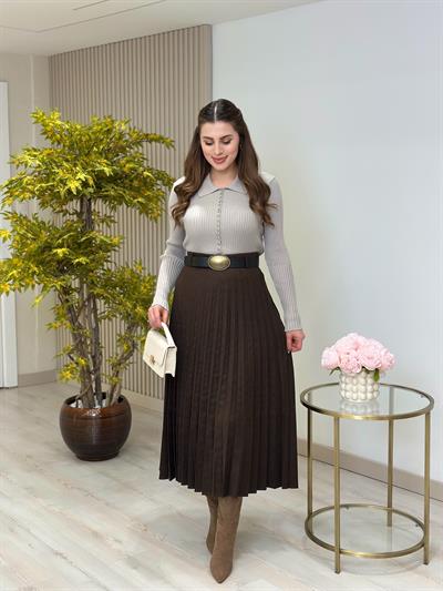 Kemerli Piliseli Süet Etek Kahve