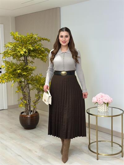 Kemerli Piliseli Süet Etek Kahve