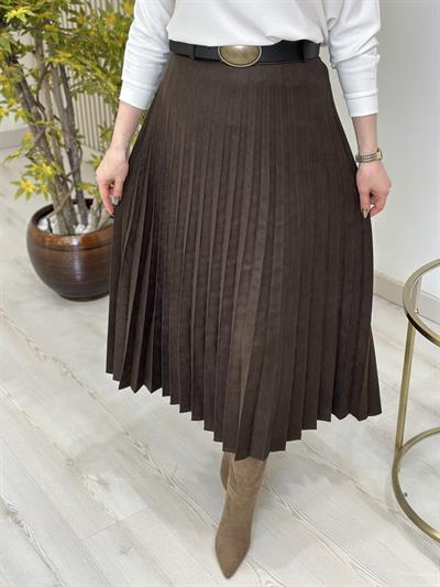 Kemerli Piliseli Süet Etek Kahve