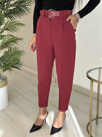Kemerli Yüksek Bel Atlas Kumaş Pantolon Bordo