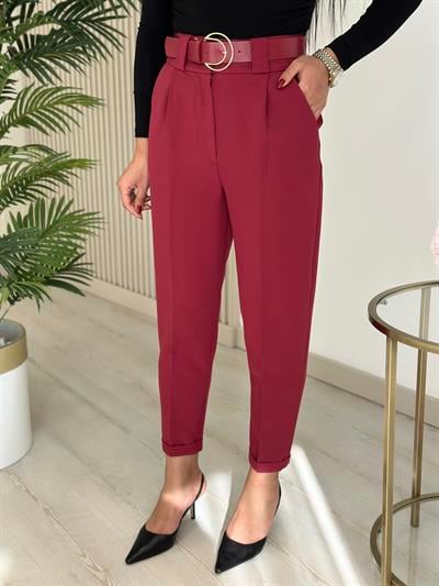 Kemerli Yüksek Bel Atlas Kumaş Pantolon Bordo