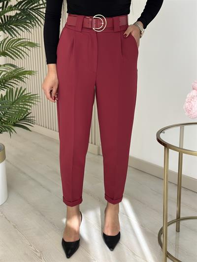 Kemerli Yüksek Bel Atlas Kumaş Pantolon Bordo