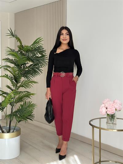 Kemerli Yüksek Bel Atlas Kumaş Pantolon Bordo