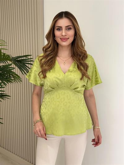 Kendinden Leopar Desenli V Yaka Bluz Fıstık Yeşil