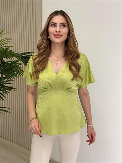 Kendinden Leopar Desenli V Yaka Bluz Fıstık Yeşil