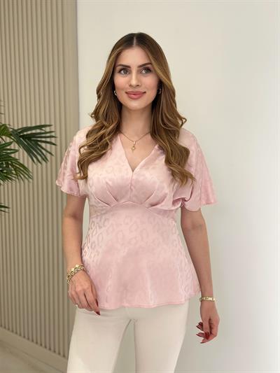 Kendinden Leopar Desenli V Yaka Bluz Pudra