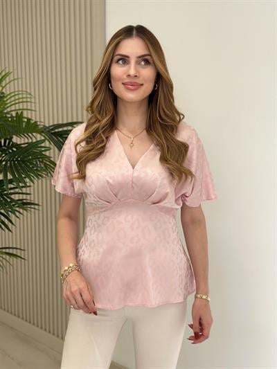 Kendinden Leopar Desenli V Yaka Bluz Pudra