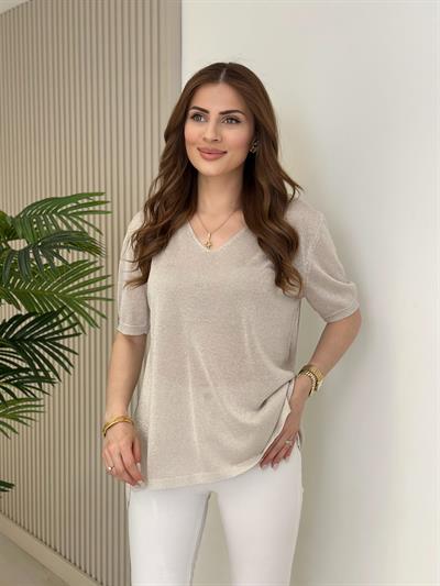 Kendinden Simli Kısa Kollu Merserize Bej