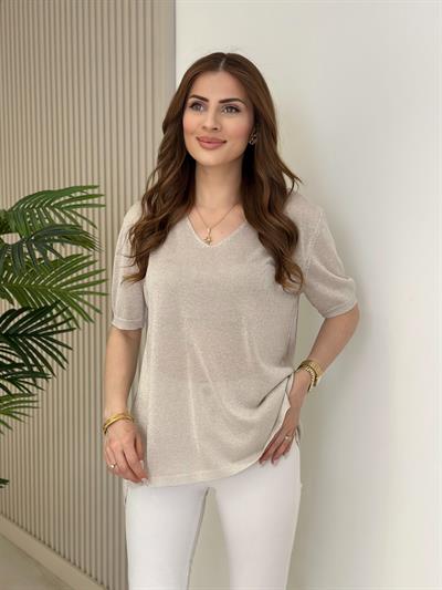 Kendinden Simli Kısa Kollu Merserize Bej