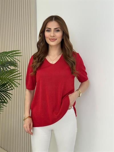 Kendinden Simli Kısa Kollu Merserize Kırmızı