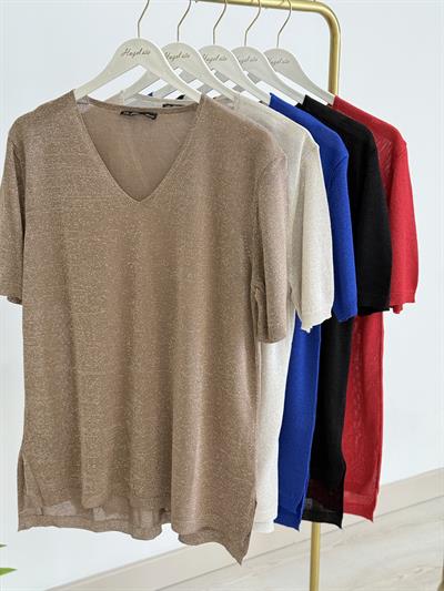 Kendinden Simli Kısa Kollu Merserize Kırmızı