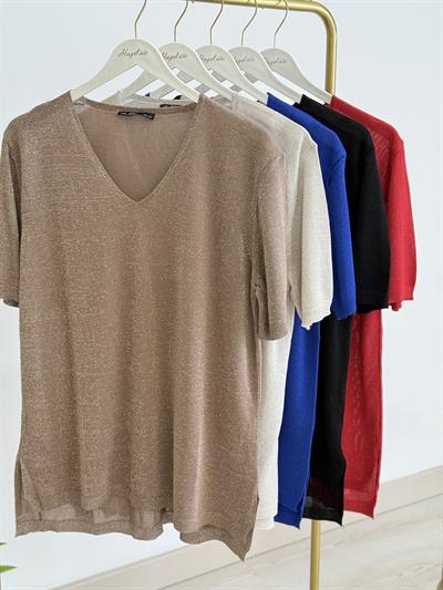 Kendinden Simli Kısa Kollu Merserize Siyah