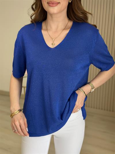 Kendinden Simli Kısa Kollu Merserize Saks Mavi