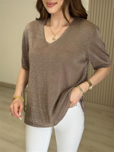 Kendinden Simli Kısa Kollu Merserize Vizon