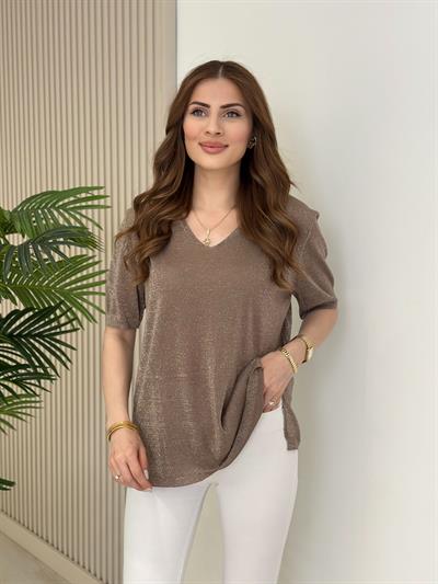 Kendinden Simli Kısa Kollu Merserize Vizon