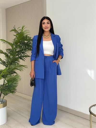 Keten Ceketli Takım Saks Mavi