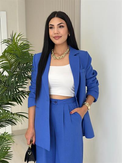 Keten Ceketli Takım Saks Mavi