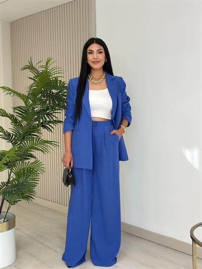 Keten Ceketli Takım Saks Mavi