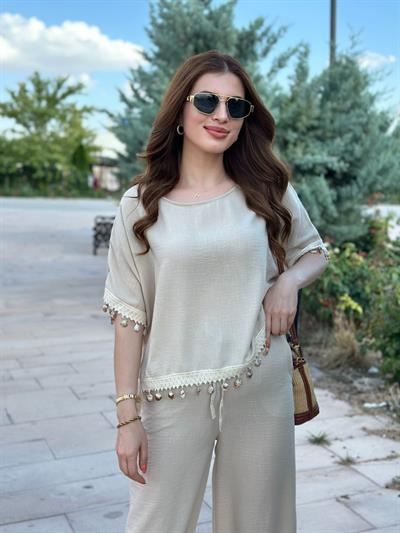 Keten Deniz Kabuğu Detaylı Takım Bej