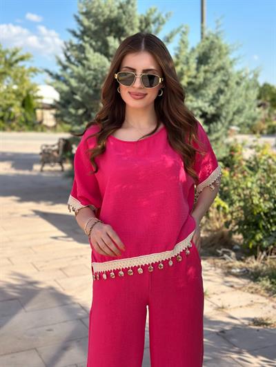 Keten Deniz Kabuğu Detaylı Takım Fuşya