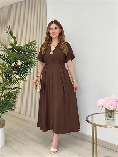 Keten Gold Broşlu Önden Yırtmaçlı Elbise Kahve