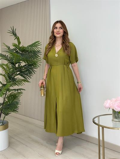 Keten Gold Broşlu Önden Yırtmaçlı Elbise Yağ Yeşil