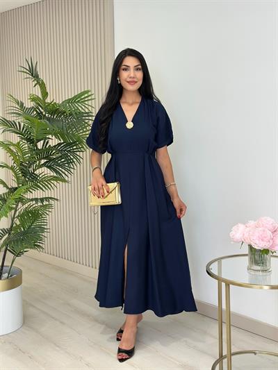 Keten Gold Broşlu Önden Yırtmaçlı Elbise Lacivert 