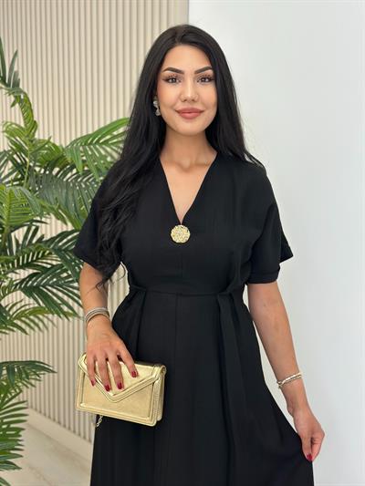 Keten Gold Broşlu Önden Yırtmaçlı Elbise Siyah