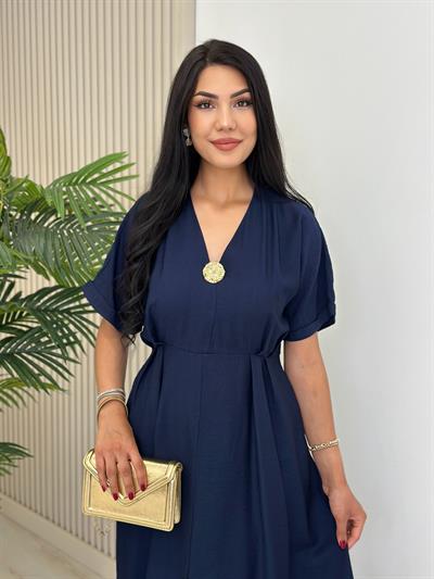 Keten Gold Broşlu Önden Yırtmaçlı Elbise Lacivert 