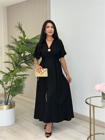 Keten Gold Broşlu Önden Yırtmaçlı Elbise Siyah