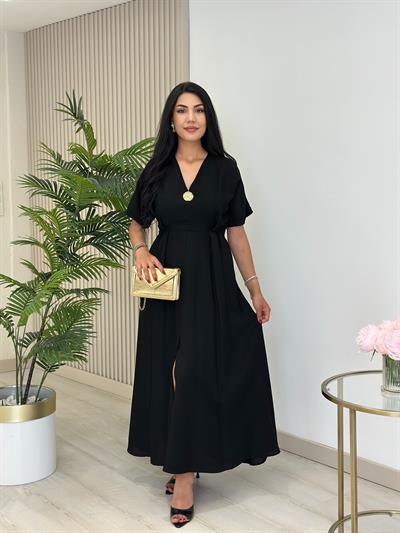 Keten Gold Broşlu Önden Yırtmaçlı Elbise Siyah