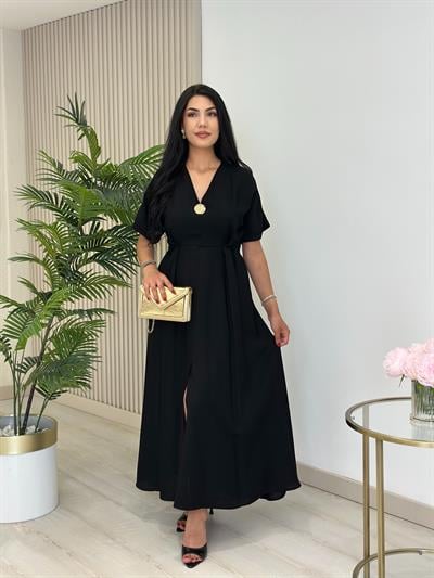 Keten Gold Broşlu Önden Yırtmaçlı Elbise Siyah