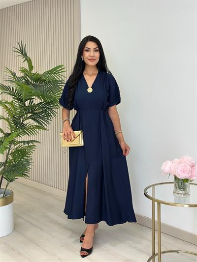 Keten Gold Broşlu Önden Yırtmaçlı Elbise Lacivert 